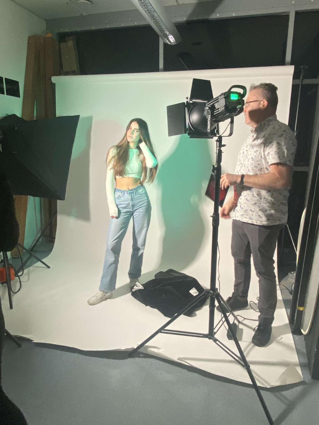 Wide studio setup with directional fresnel light